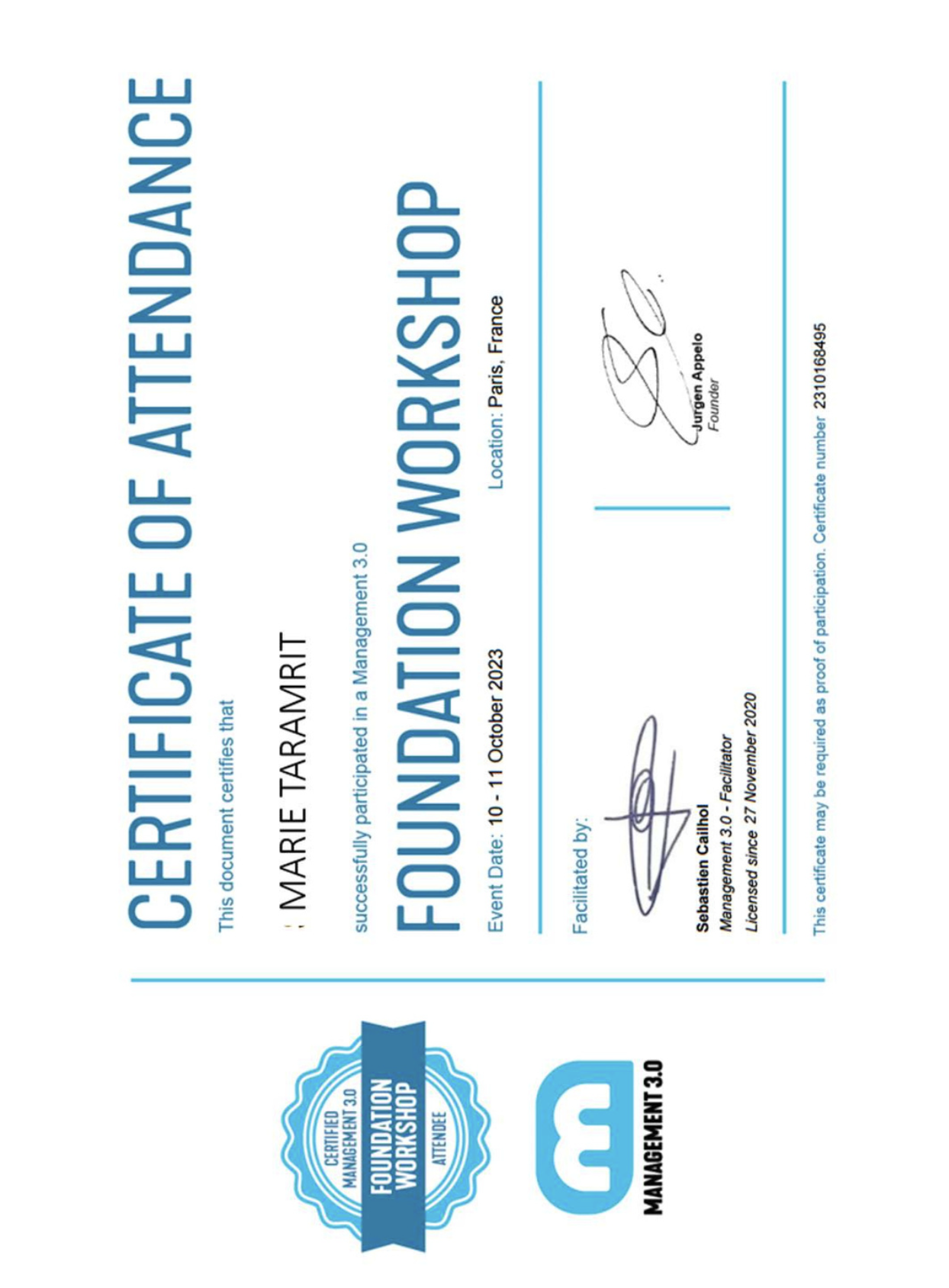 Certificate Foundation Workshop Management 3.0